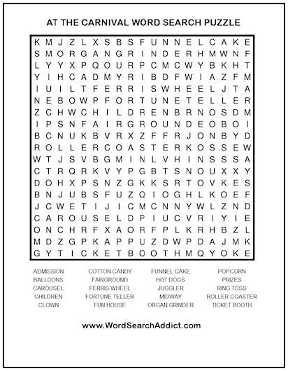 Carnival Word Search Puzzle Carnival Word Search Puzzle