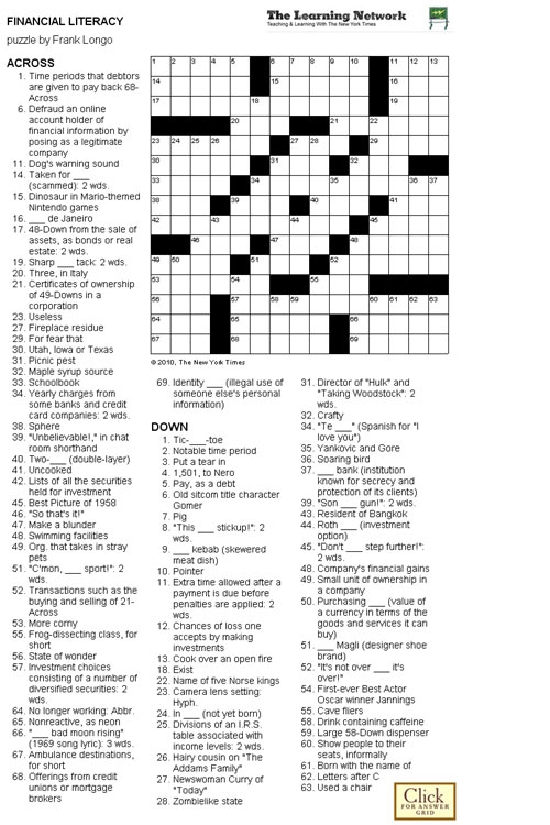 Crosswords Financial Literacy