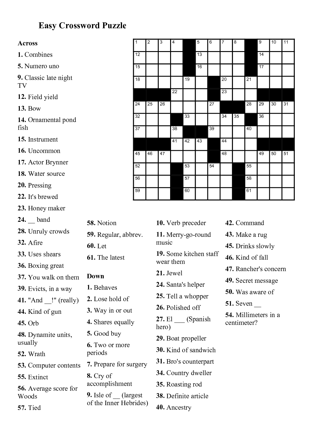 Daily Printable Crossword Puzzle