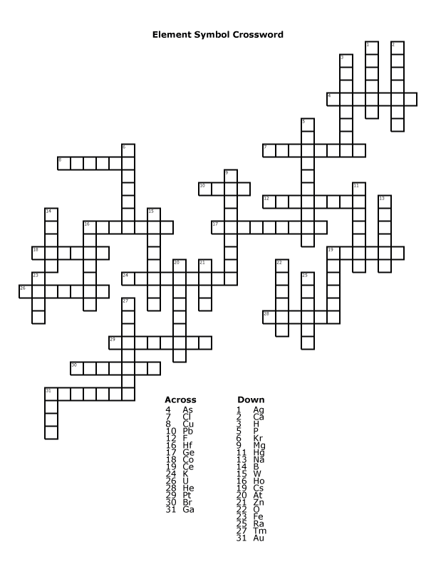 Element Symbol Crossword