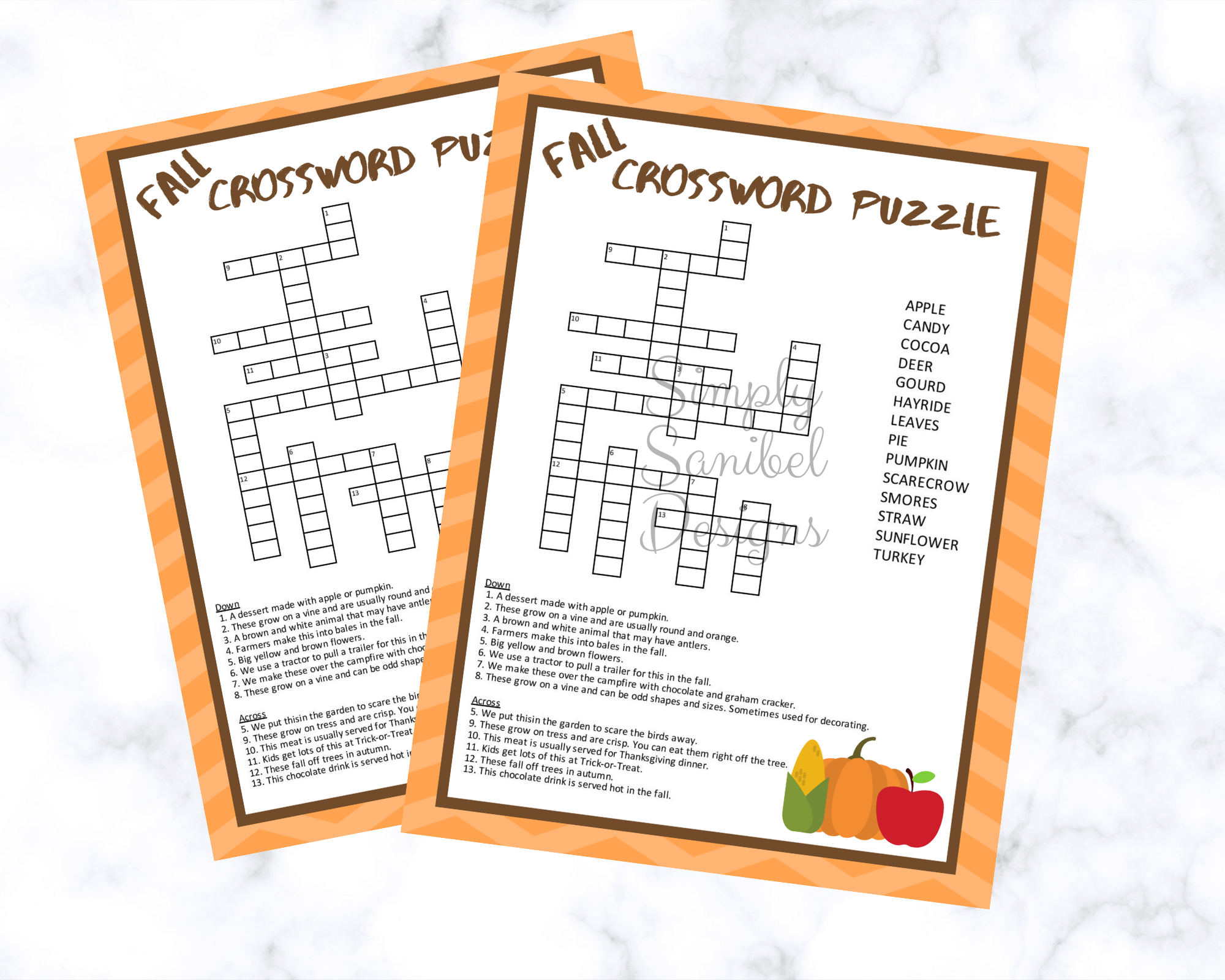 Fall Autumn Harvest Thanksgiving Crossword Puzzle