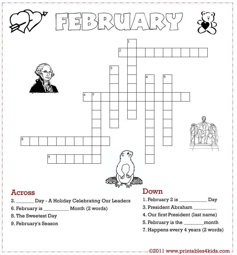 February Crossword Puzzle Printables For Kids Free Word Search 