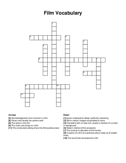 Film Vocabulary Crossword Puzzle