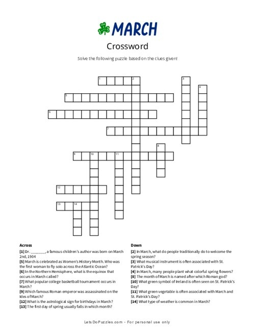 Free Printable March Crossword Puzzle