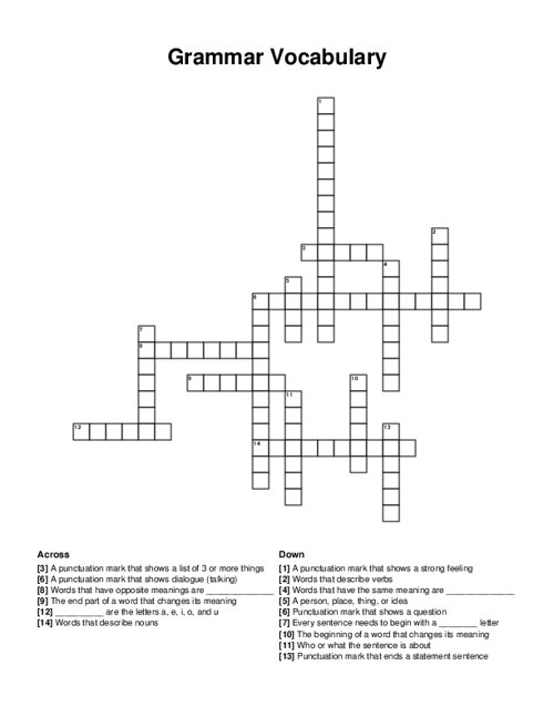 Grammar Vocabulary Crossword Puzzle
