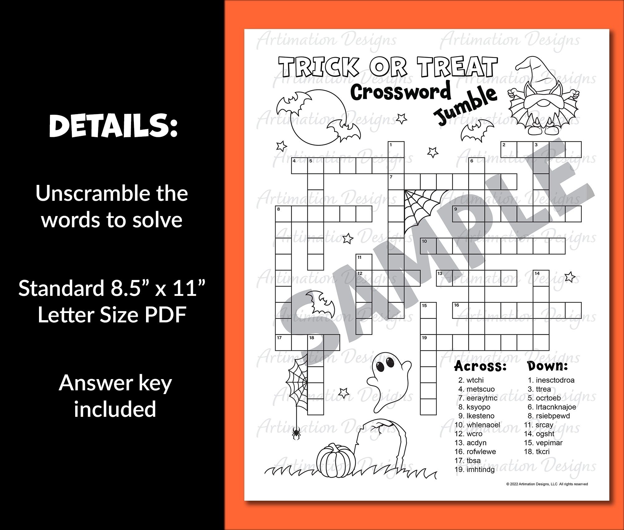 Halloween Crossword Jumble Puzzle Autumn Word Scramble Unscramble 