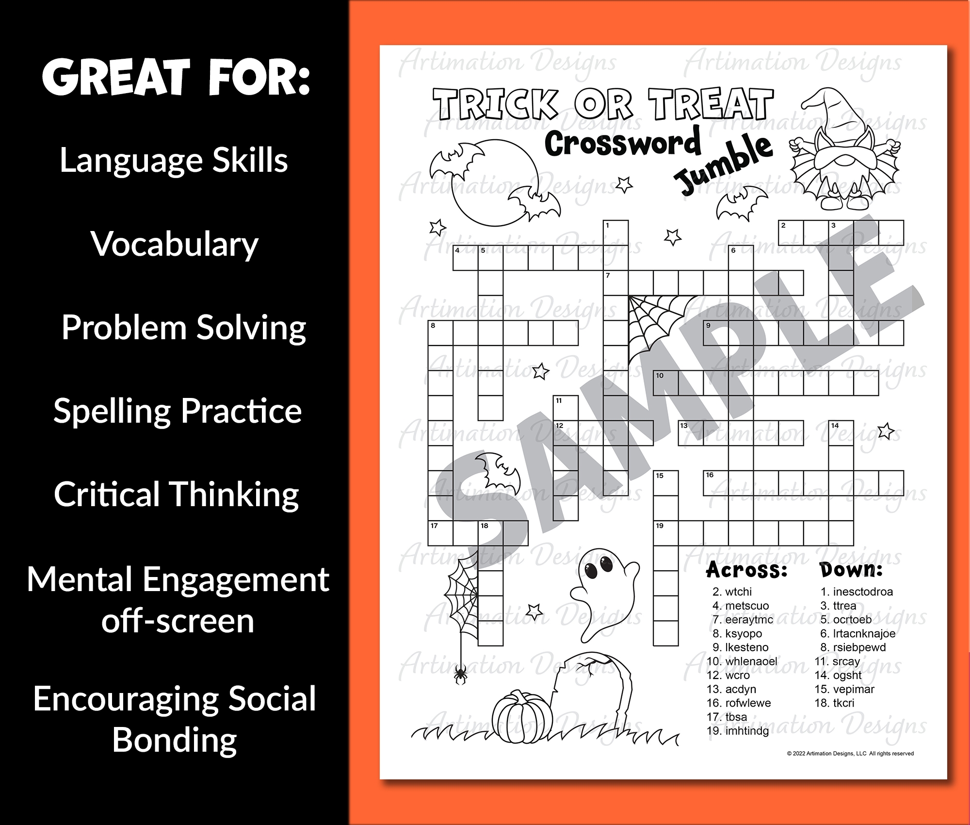 Halloween Crossword Jumble Puzzle Autumn Word Scramble Unscramble 