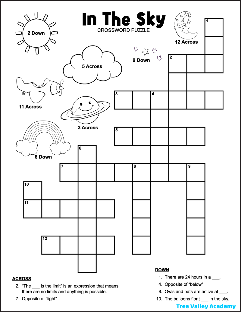In The Sky Crossword Puzzle For Kids Tree Valley Academy Printable 