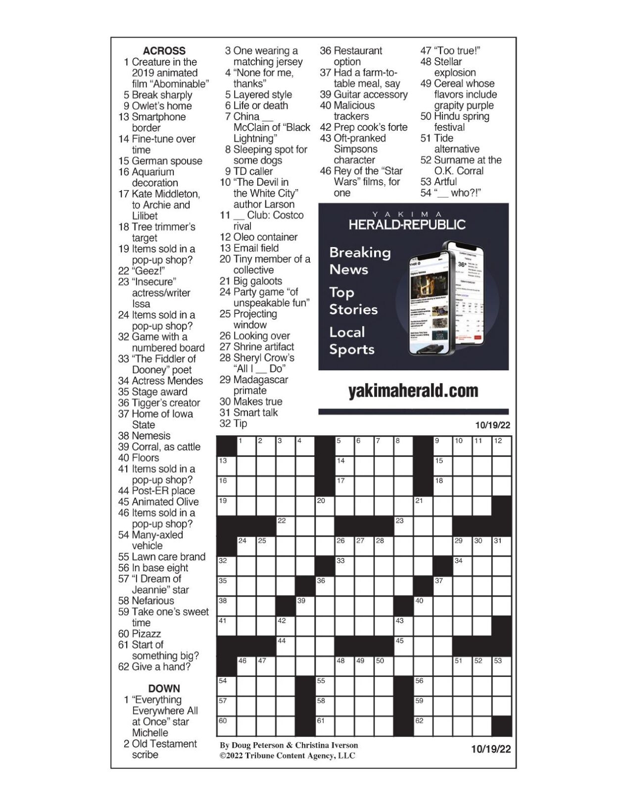 LAT Crossword Oct 19 2022 Crosswords Yakimaherald
