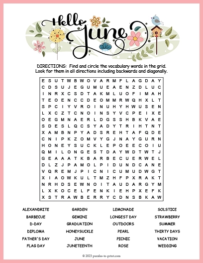 Month Of June Word Search Month Of June Word Search