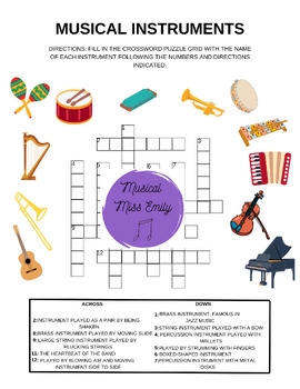 Music Instrument Crossword By Musical Miss Emily TPT