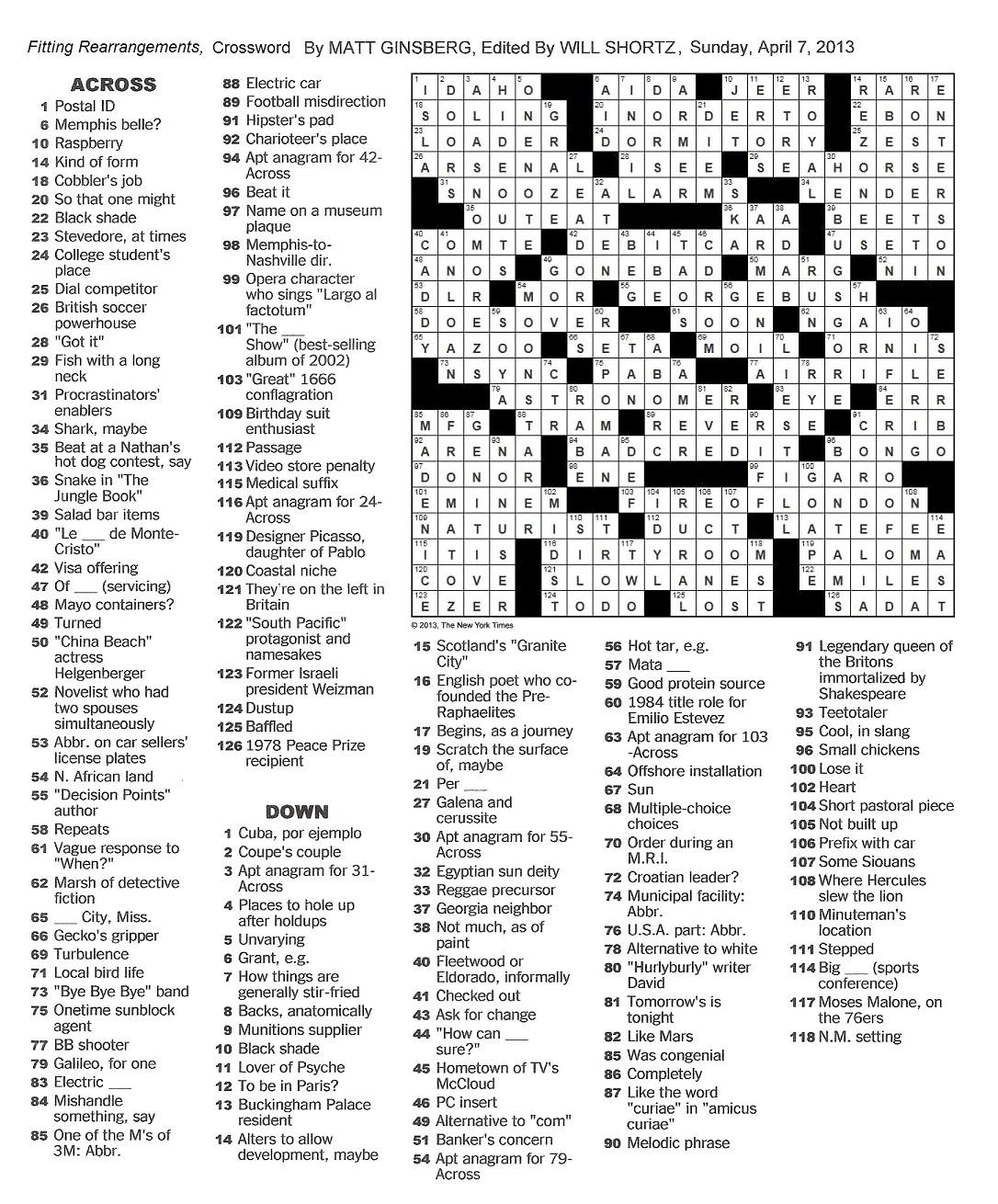 New York Times Sunday Crossword Printable