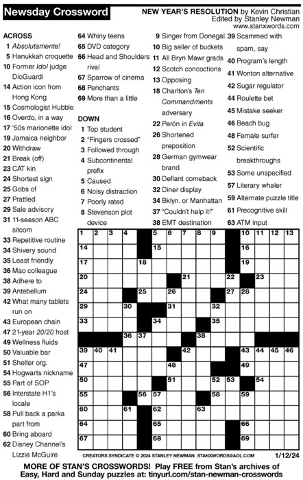 Newsday Crossword Puzzle For Jan 12 2024 By Stanley Newman Creators Newsday Crossword Puzzle For Jan 12 2024 By Stanley Newman Creators