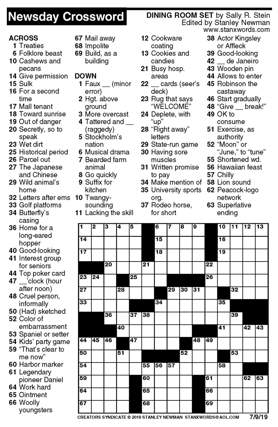 Newsday Crossword Puzzle For Jul 09 2019 By Stanley Newman Creators 