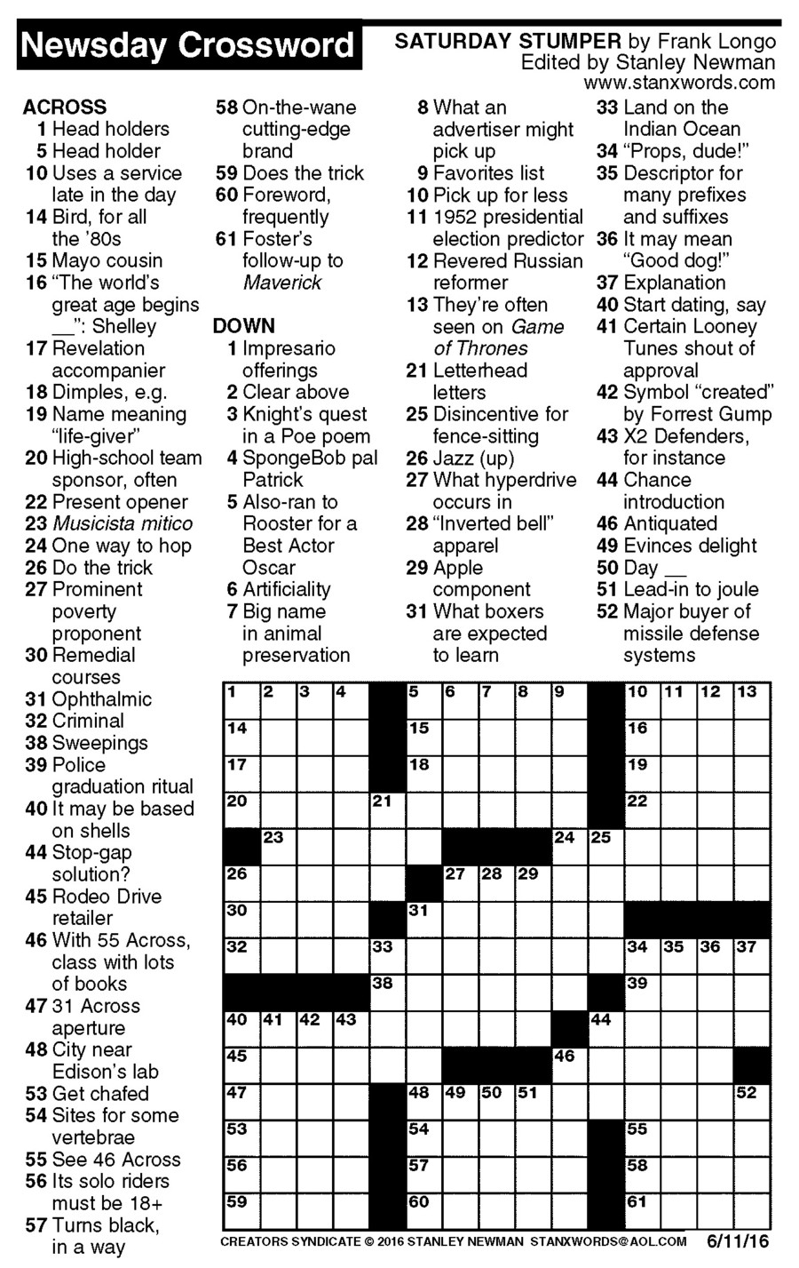 Newsday Crossword Puzzle For Jun 11 2016 By Stanley Newman Creators