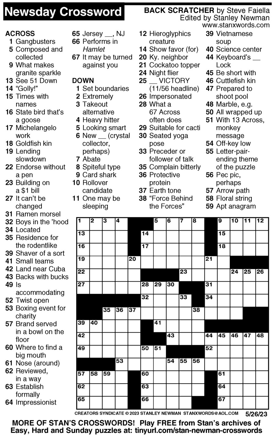 Newsday Crossword Puzzle For May 26 2023 By Stanley Newman Creators 