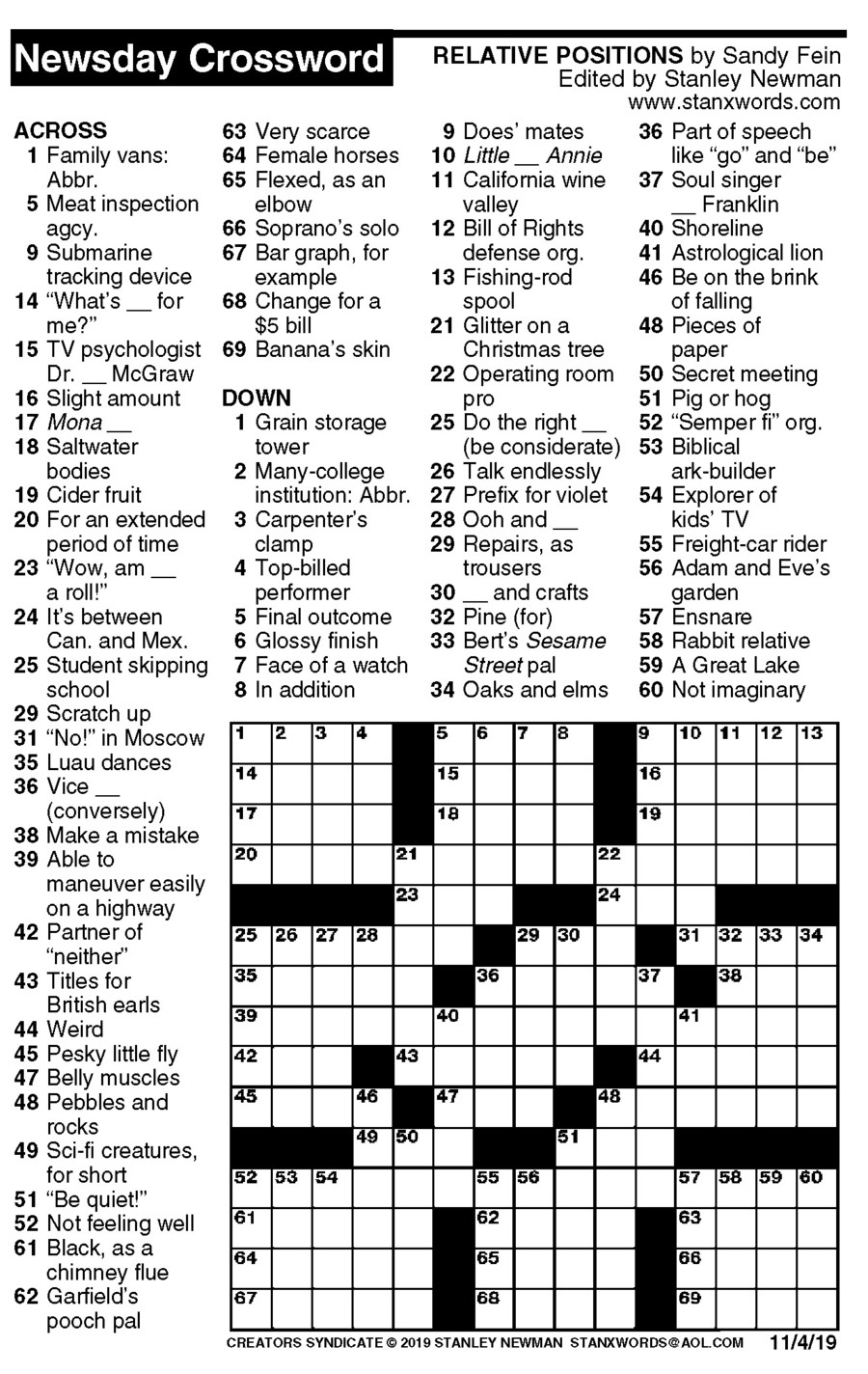 Newsday Crossword Puzzle For Nov 04 2019 By Stanley Newman Creators 