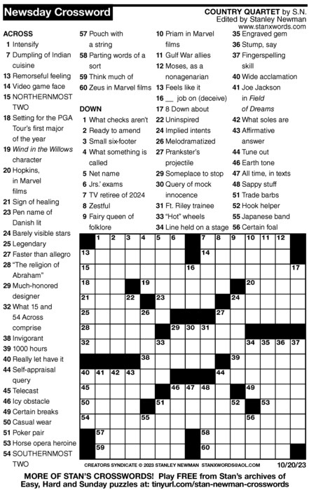 Newsday Crossword Puzzle For Oct 20 2023 By Stanley Newman Creators 