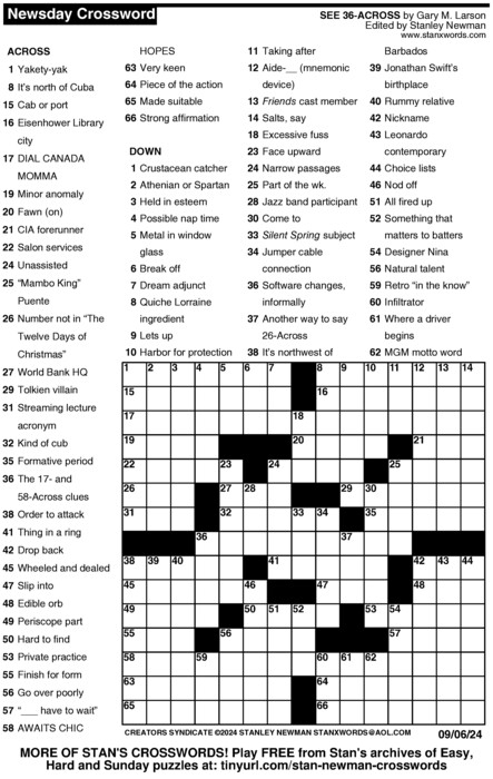Newsday Crossword Puzzle For Sep 06 2024 By Stanley Newman Creators 