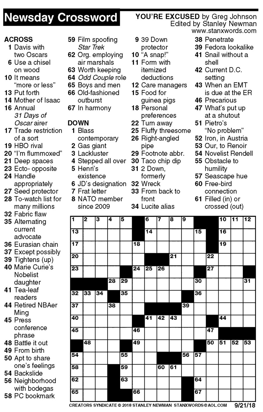 Newsday Crossword Puzzle For Sep 21 2018 By Stanley Newman Creators 