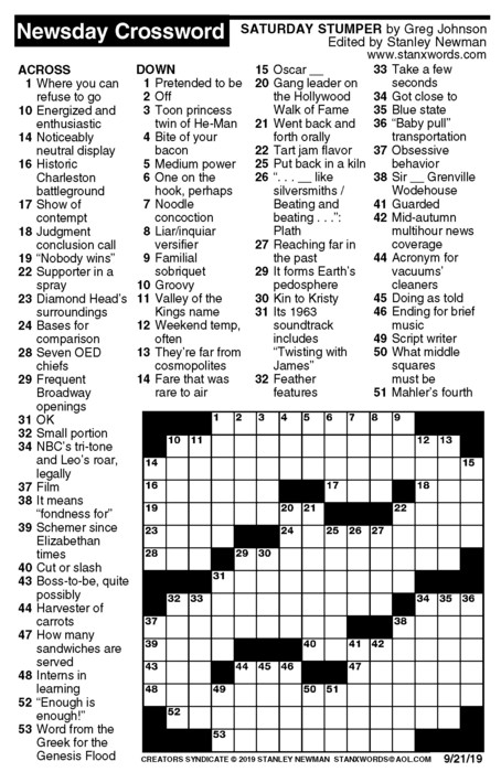Newsday Crossword Puzzle For Sep 21 2019 By Stanley Newman Creators 