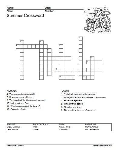 Print Summer Crossword Puzzle Free Printable