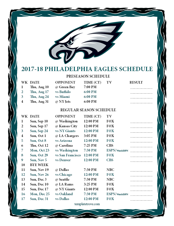 Printable 2017 2018 Philadelphia Eagles Schedule