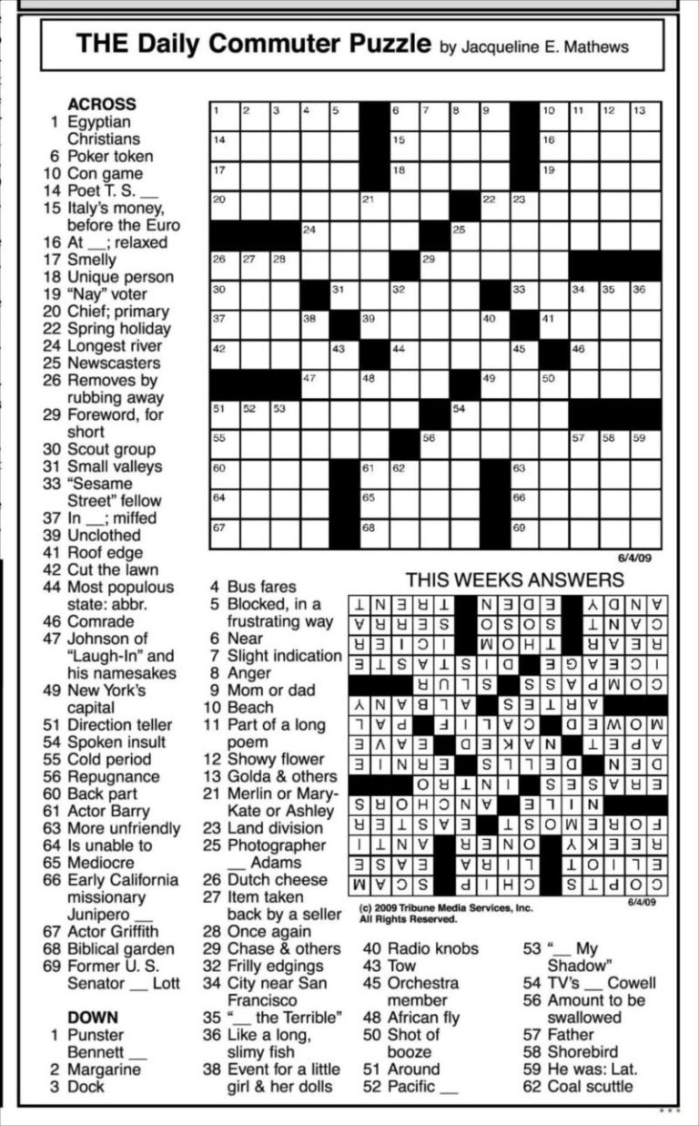 Printable Commuter Crossword Puzzles Printable Crossword Puzzles 