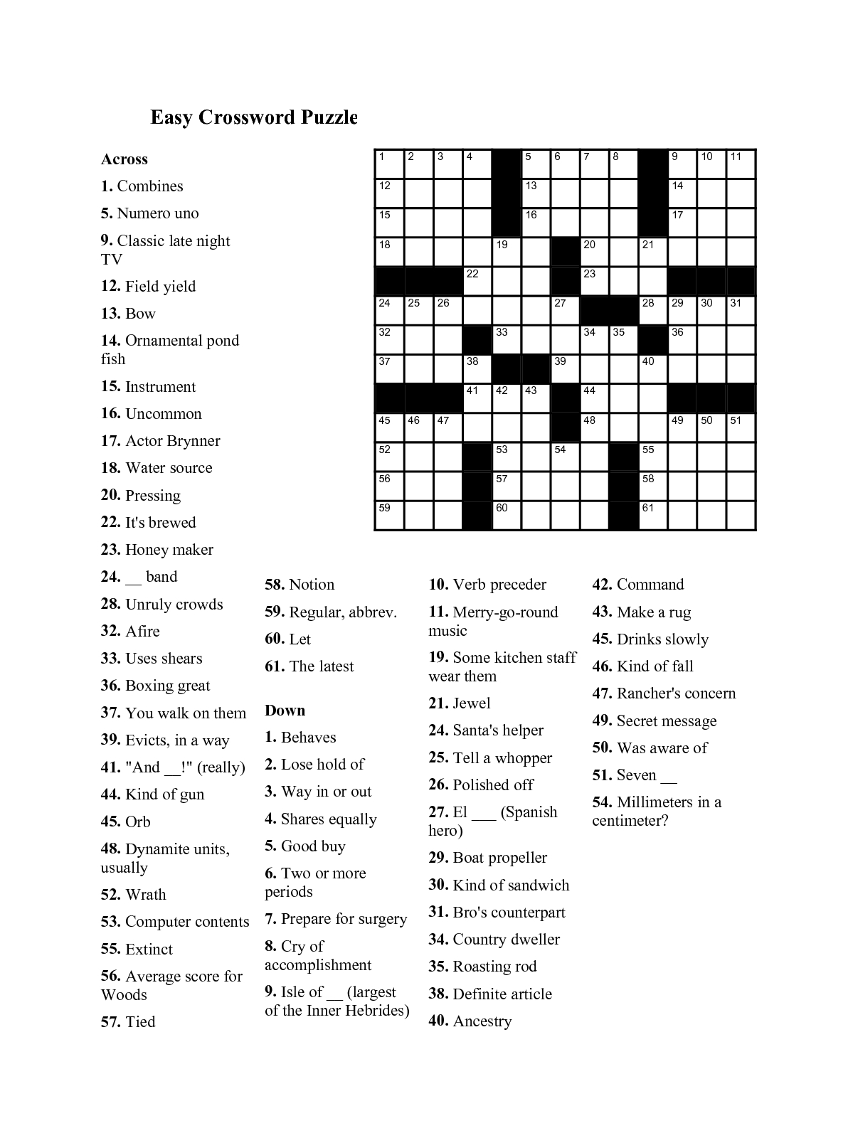 Printable Crossword Puzzles Free Easy Mary Crossword Puzzles