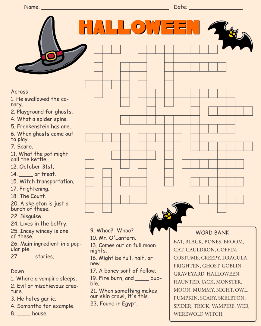 Printable Halloween Crossword Puzzles Dev onallcylinders