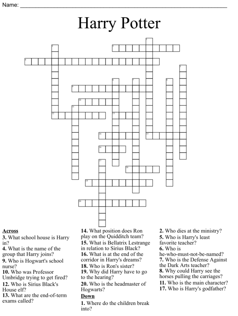 Printable Harry Potter Crossword Puzzle Free Crossword Puzzles Printable