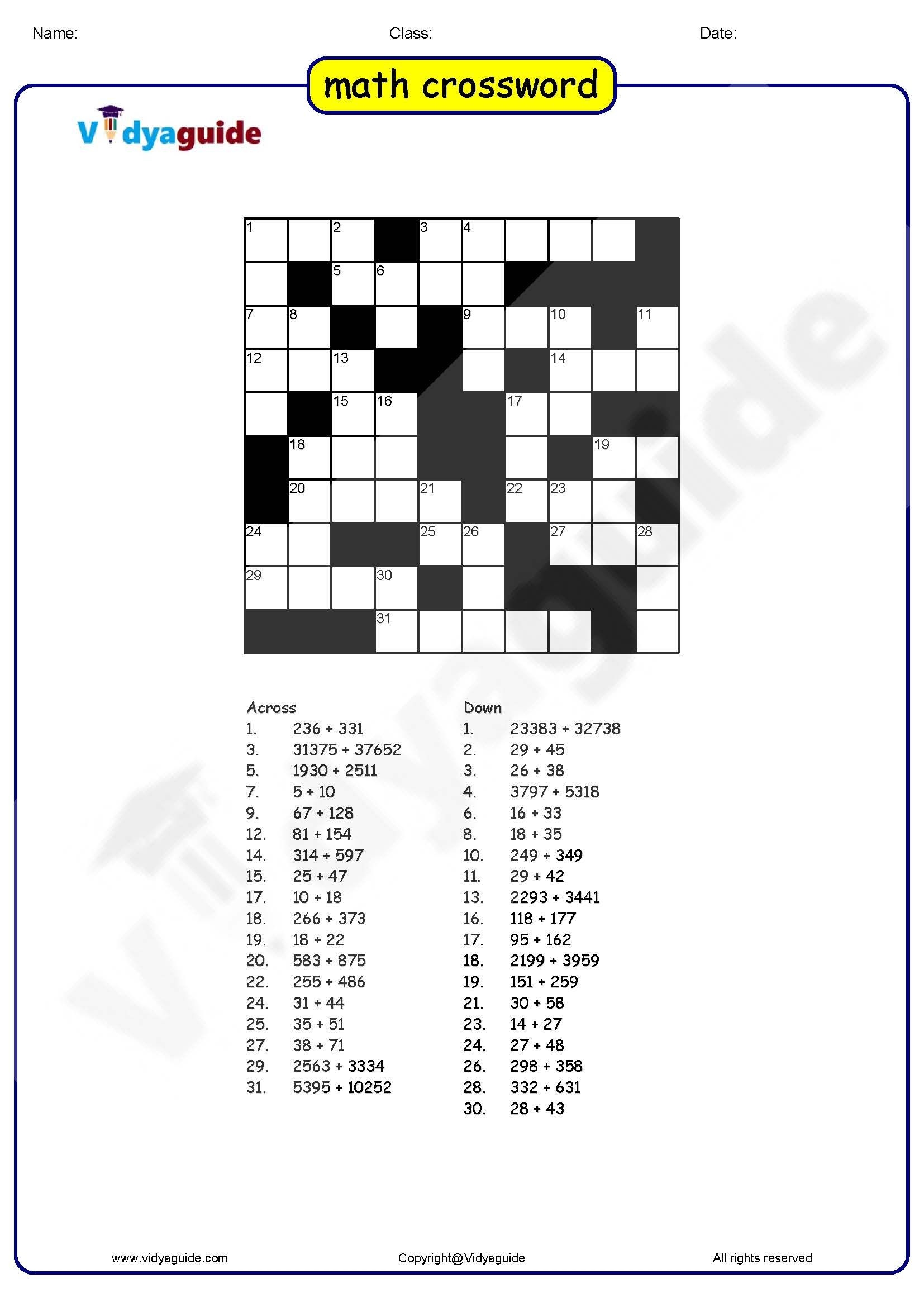 Printable Math Crossword Puzzles