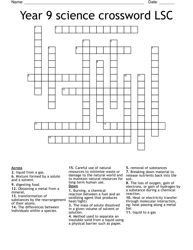 Science Crossword Puzzles 5th Grade