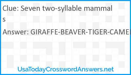 Seven Two syllable Mammals Crossword Clue UsaTodayCrosswordAnswers