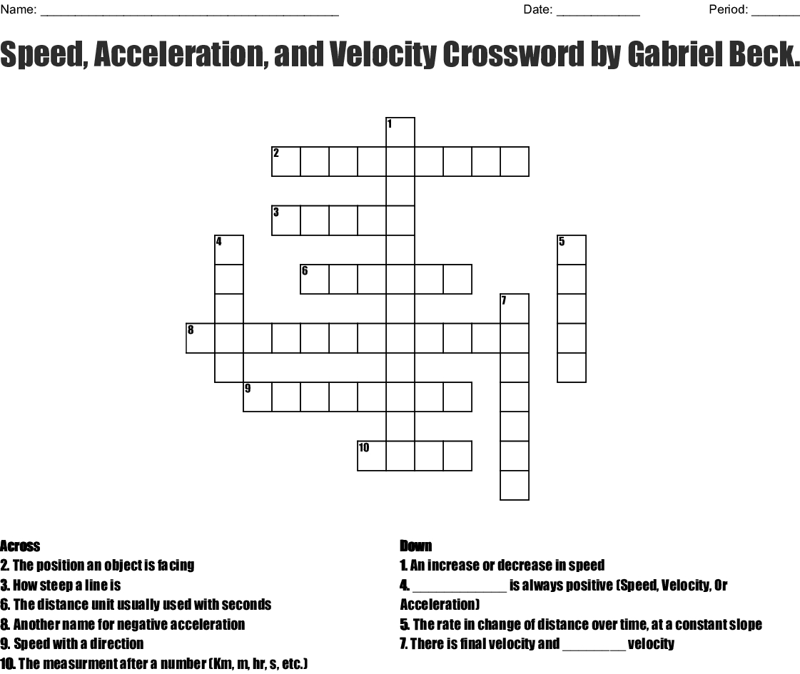 Speed Acceleration And Velocity Crosswordgabriel Beckett Printable 