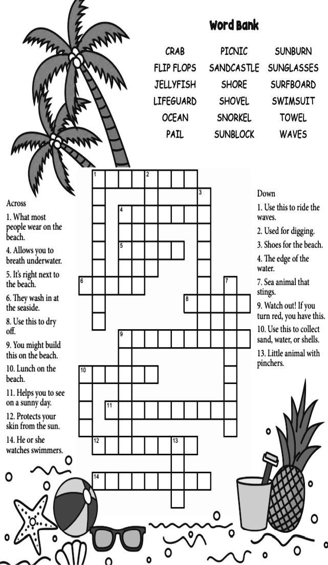 Summer Crossword Puzzle With Word Bank