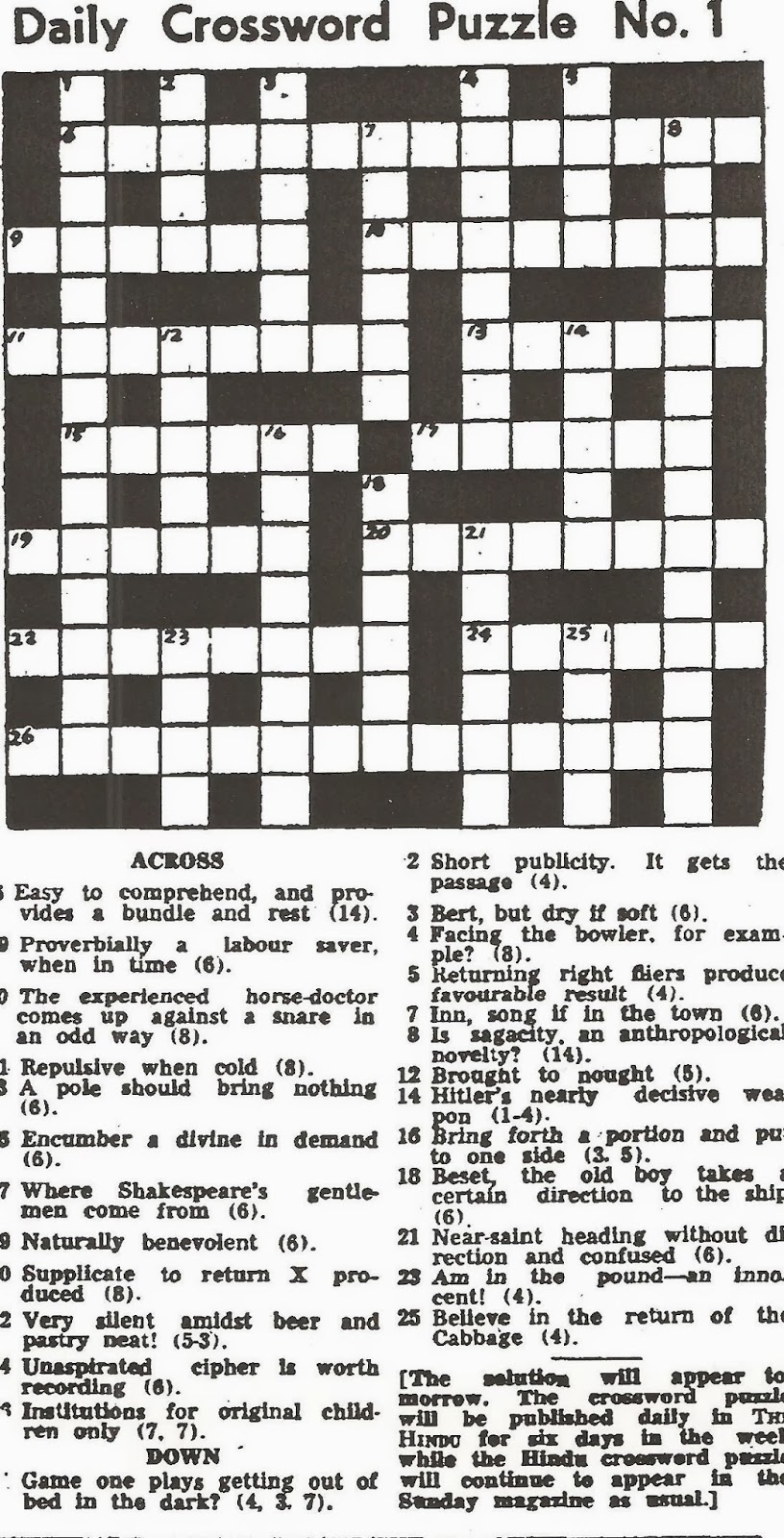 THE HINDU CROSSWORD CORNER Special Daily Crossword Puzzle No 1 Now