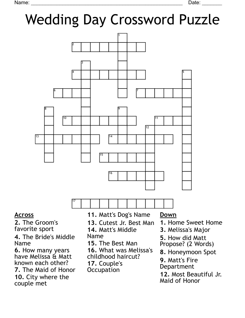 Wedding Crossword Puzzle Questions